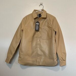 Rebel khaki  full snap button up Faux Leather Shacket quilted, pocket  jacket S